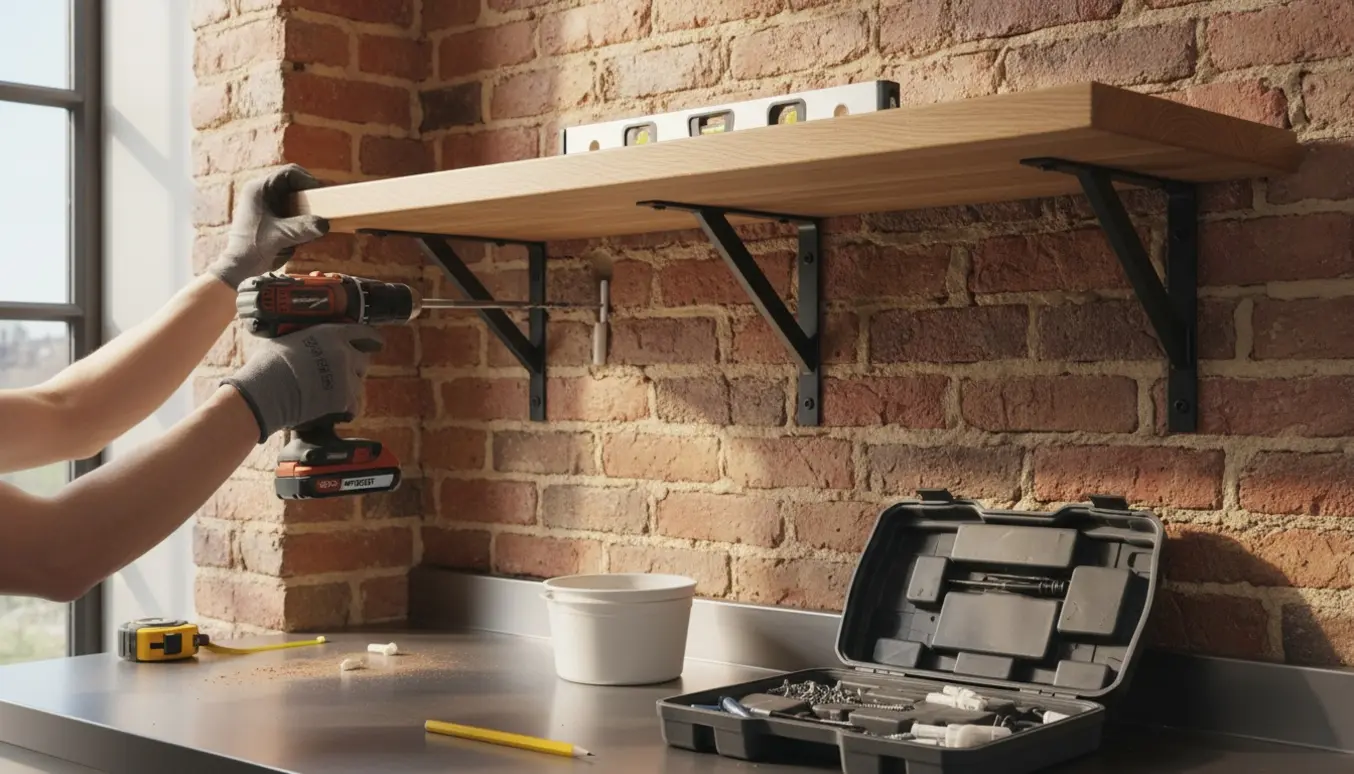 Nærbillede af en hylde, der monteres på en murstensvæg i køkkenet med bor, skruer og rawlplugs.
