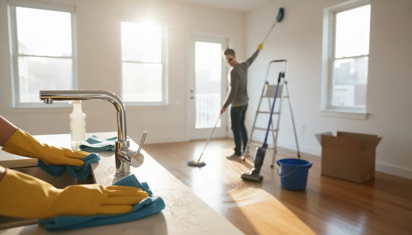 Hænder i gule handsker pudser vandhane i en soloplyst tom lejlighed under hovedrengøring før indflytning.