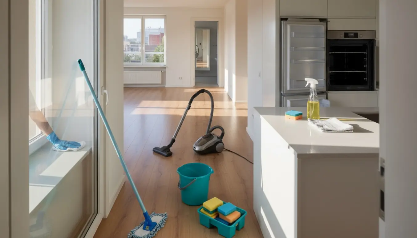 Tom lejlighed i flytterengøring med støvsuger, spand og klude i naturligt morgenlys.