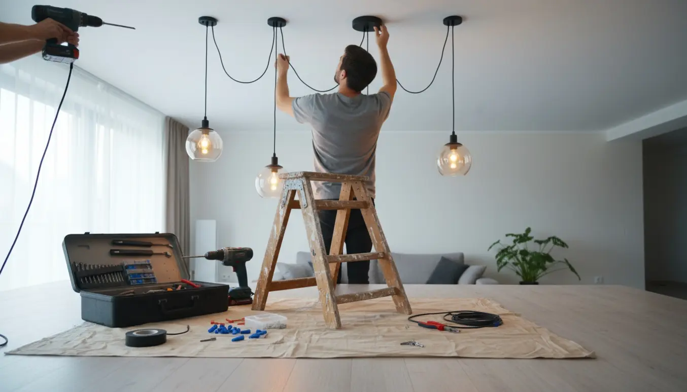 Ophængning af flere pendellamper med en slagboremaskine og værktøj i et lyst rum.