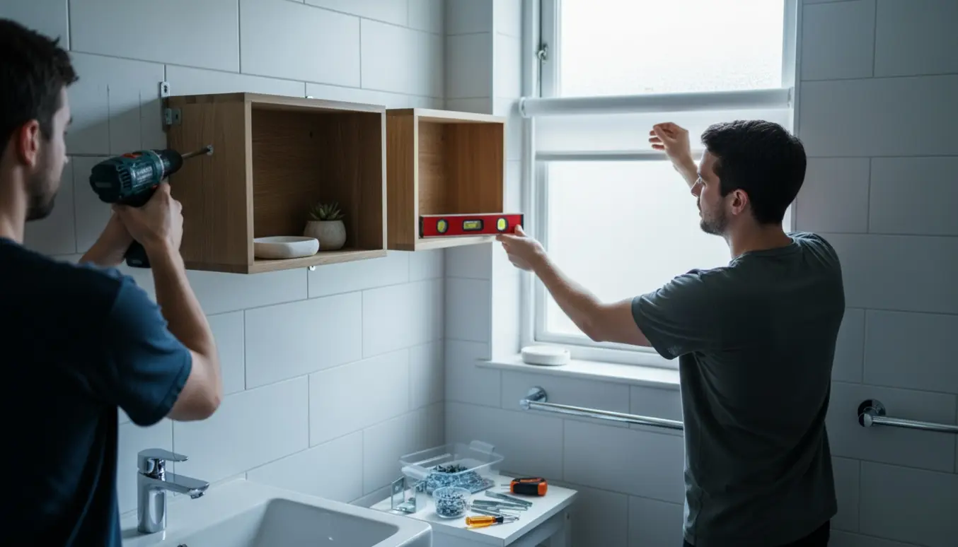 Hænder monterer to trækasser som vægreol og et hvidt rullegardin over et badeværelsesvindue.