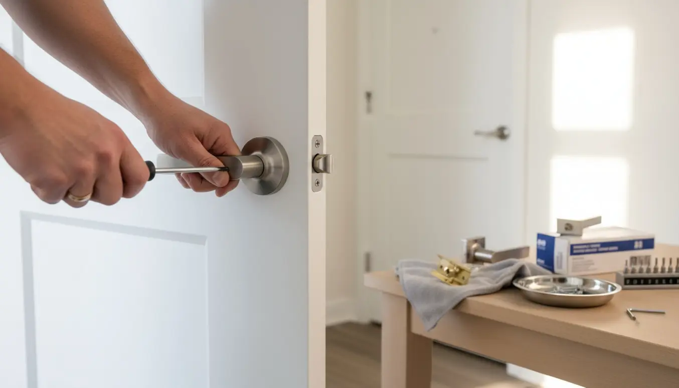 Hænder skruer et nyt dørhåndtag i på en lys lejlighedsdør med værktøj på et bord.