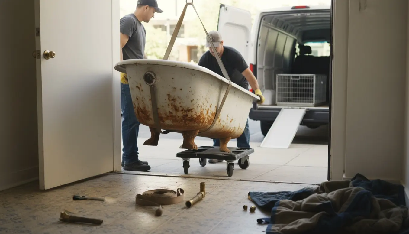 Støbejernsbadekar løftes ud af en stueetagelejlighed og lastes på en varevogn til skrot.