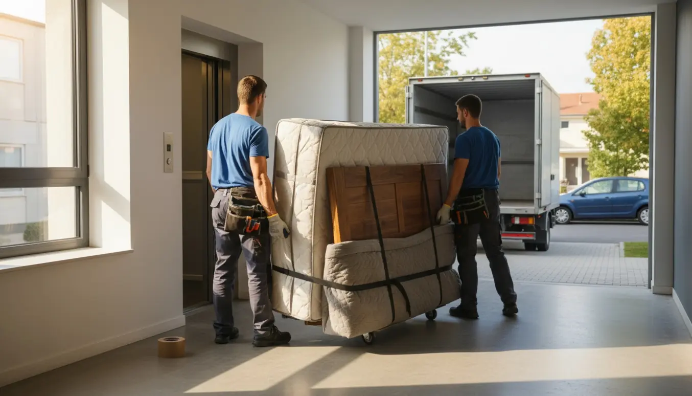 Flyttefolk bærer en stor 180x200 seng og gavl gennem opgangen mod en flyttebil.