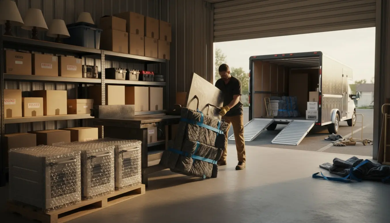 To personer læsser et tungt værkstedsbord og tre indpakkede ovne i et lyst, organiseret lagerrum med en lukket trailer udenfor.