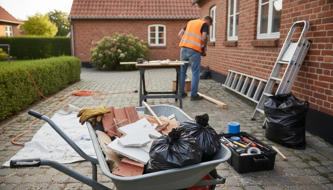 Byggeaffald fjernes fra indkørsel ved et lille hus, mens håndværker arbejder med værktøj.