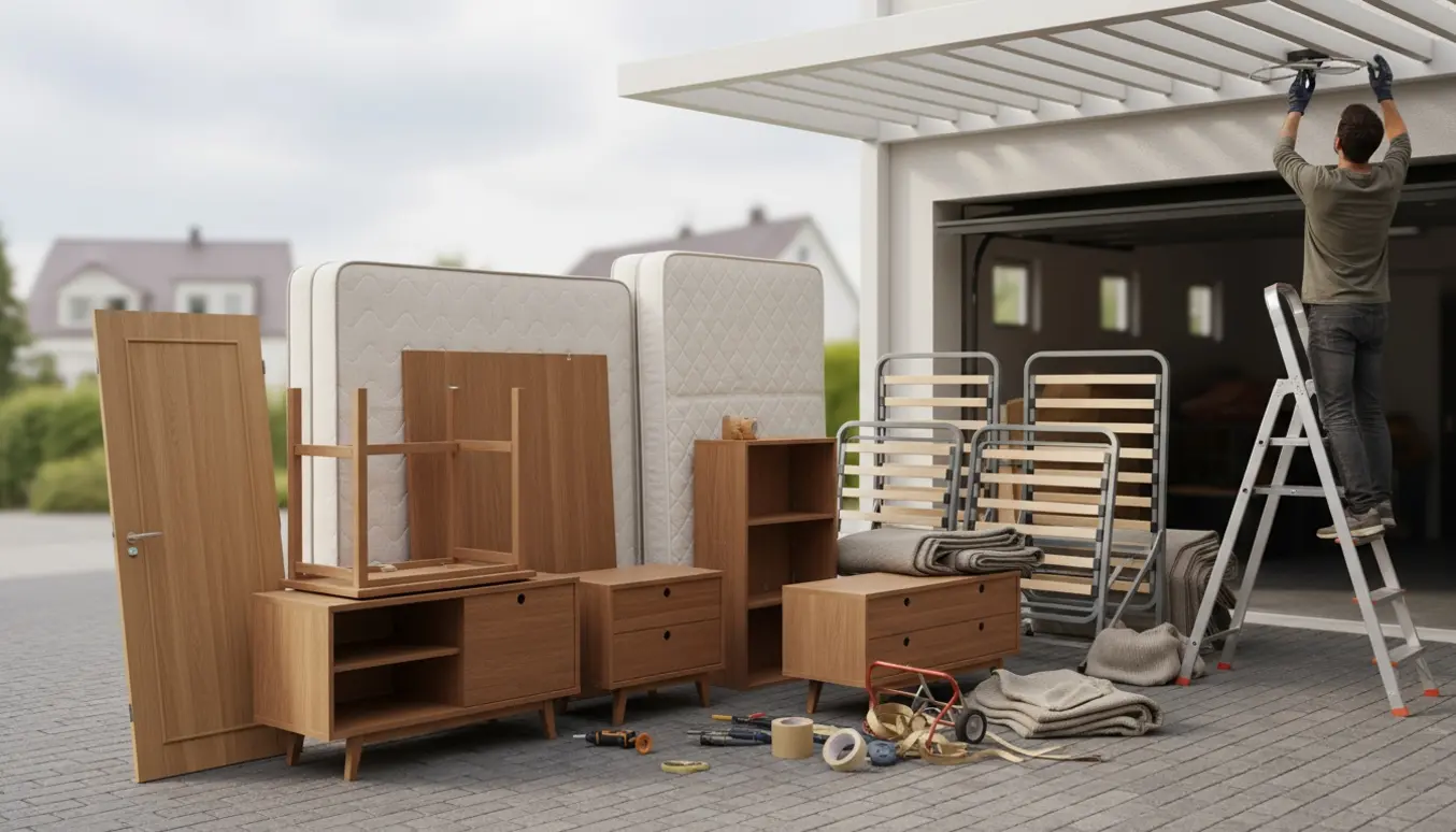 Adskilte møbler og storskrald lagt klar på indkørsel, mens en person på en stige afmonterer en loftlampe.