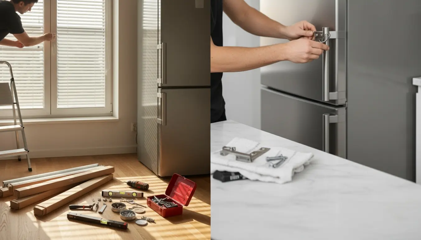 Tekniker uden synligt ansigt afmonterer persienner ved vindue og justerer køleskabslåger i et lyst køkken.