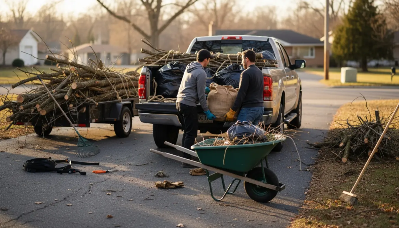 Affald og beskårne grene læsses op i en pickup og trailer på en indkørsel uden synlige ansigter.