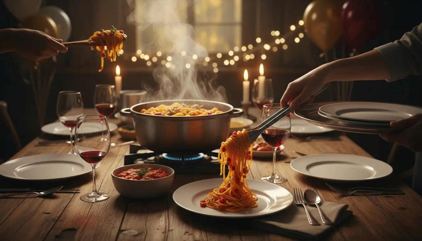 Hænder anretter dampende pasta på tallerkener ved et varmt oplyst fødselsdagsbord.