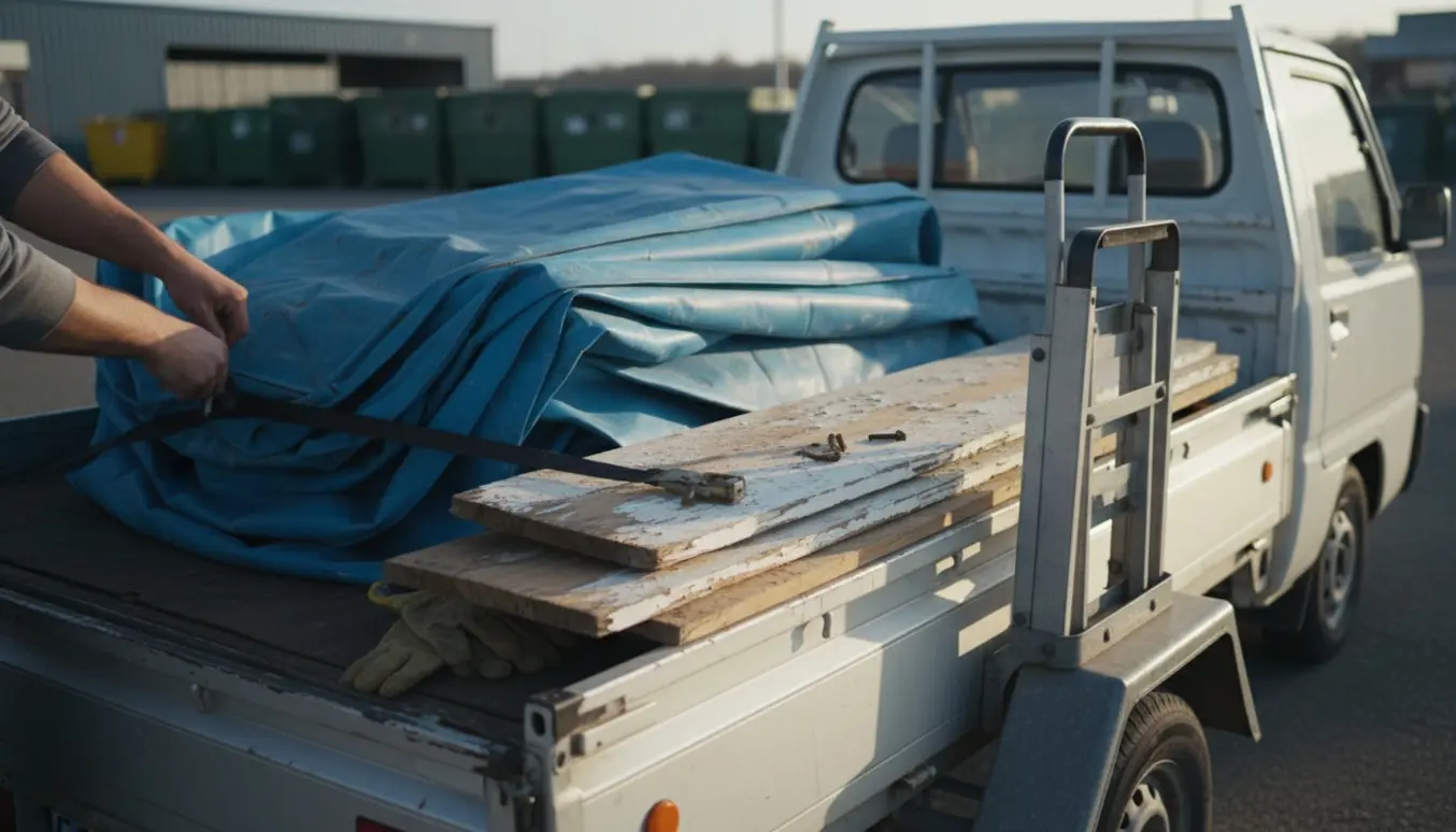 Lastet pickup med et gammelt oppusteligt badebassin og lange træstykker klar til aflevering på genbrugspladsen.