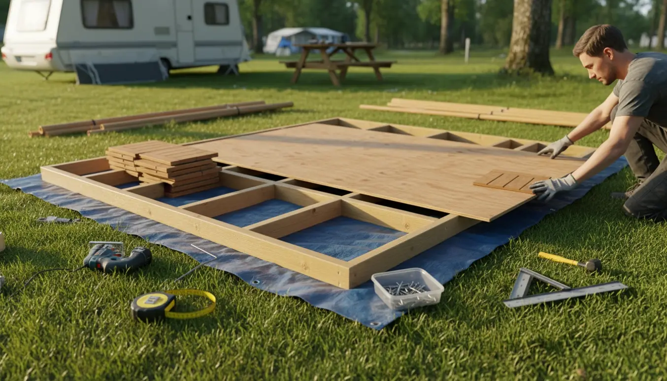 Nærbillede af et gulv til et opbevaringstelt på en campingplads med værktøj og materialer.