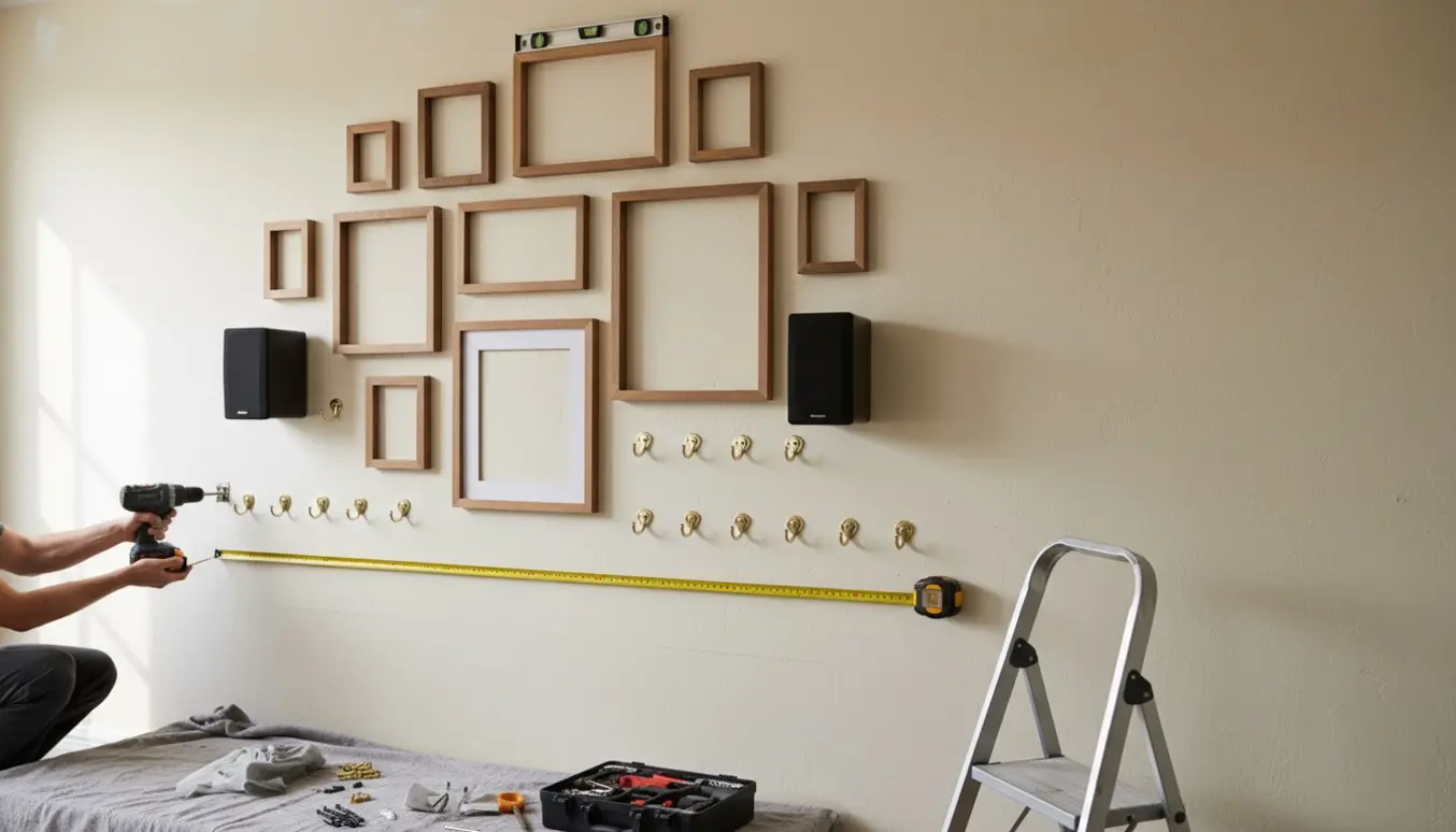 Hænder monterer billedrammer, knager og to små væghøjttalere på en lys stuevæg.