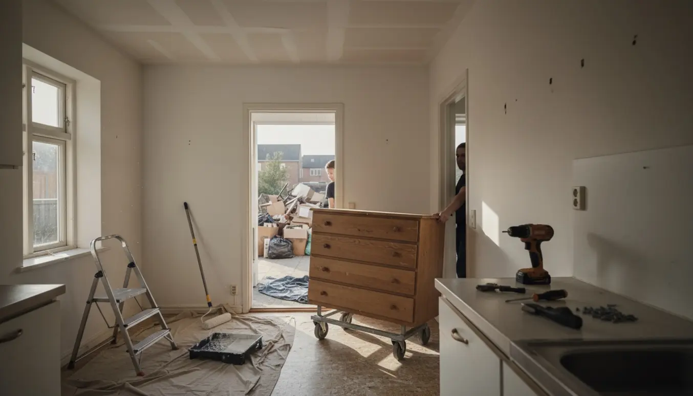 Køkkenunder oprydning med en kommode på håndvogn, halvmalet loft, værktøj og tomme vægge.