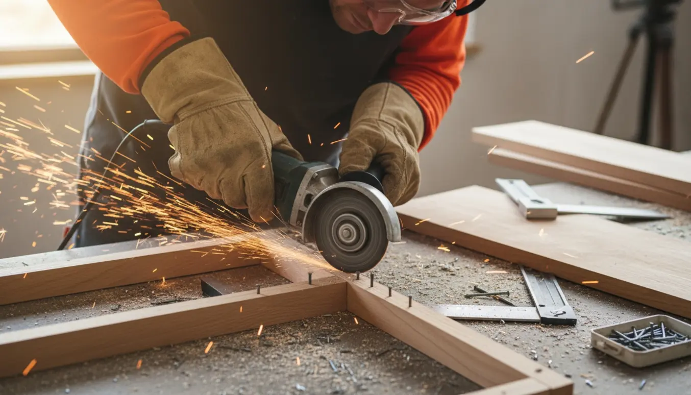 Nærbillede af hænder der bruger vinkelsliber til at skære søm og tilpasse et rektangulært hul i træ.