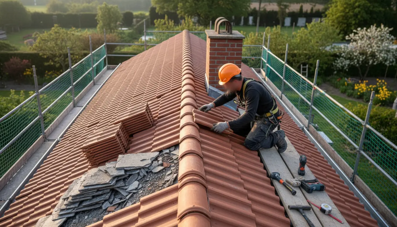 Håndværker monterer letvægtstegl på et lavt tag med stillads og nye tagrender.