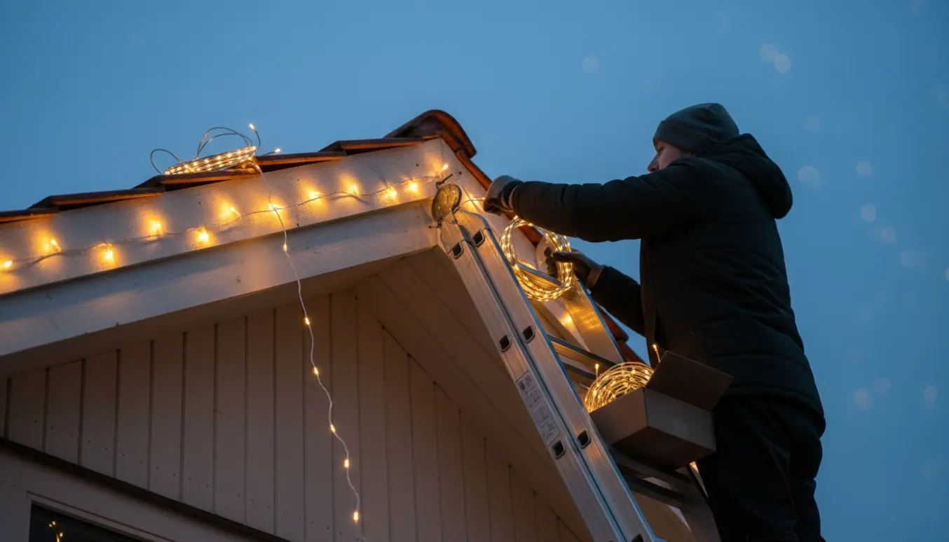 Person på stige fastgør lyskæde i husets vindskede ved skumring, med færdig monteret sektion og værktøj synligt.
