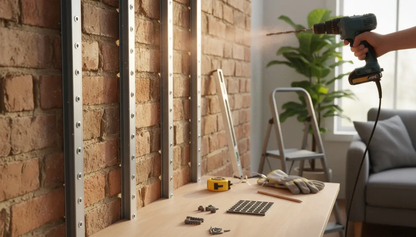 Vægreol med fem stålskinner monteres på en murstensvæg med boremaskine og rawlplugs.