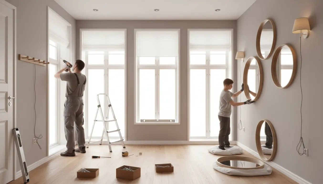 En håndværker monterer rullegardiner, spejle, lamper og en knagerække i et lyst, moderne hjem.