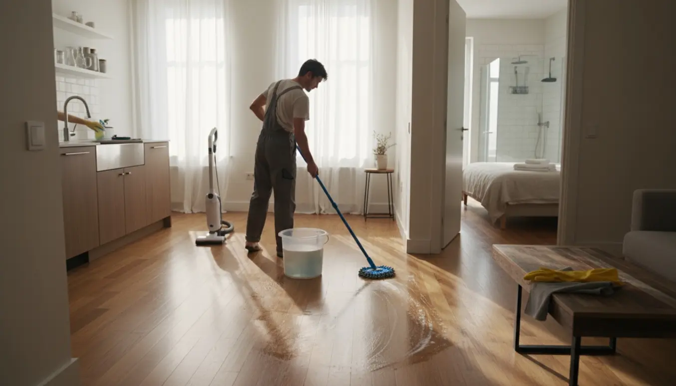 Rengøringsperson mopper i en lys, ryddet lejlighed med støvsuger, klud og spand, uden tydeligt ansigt.