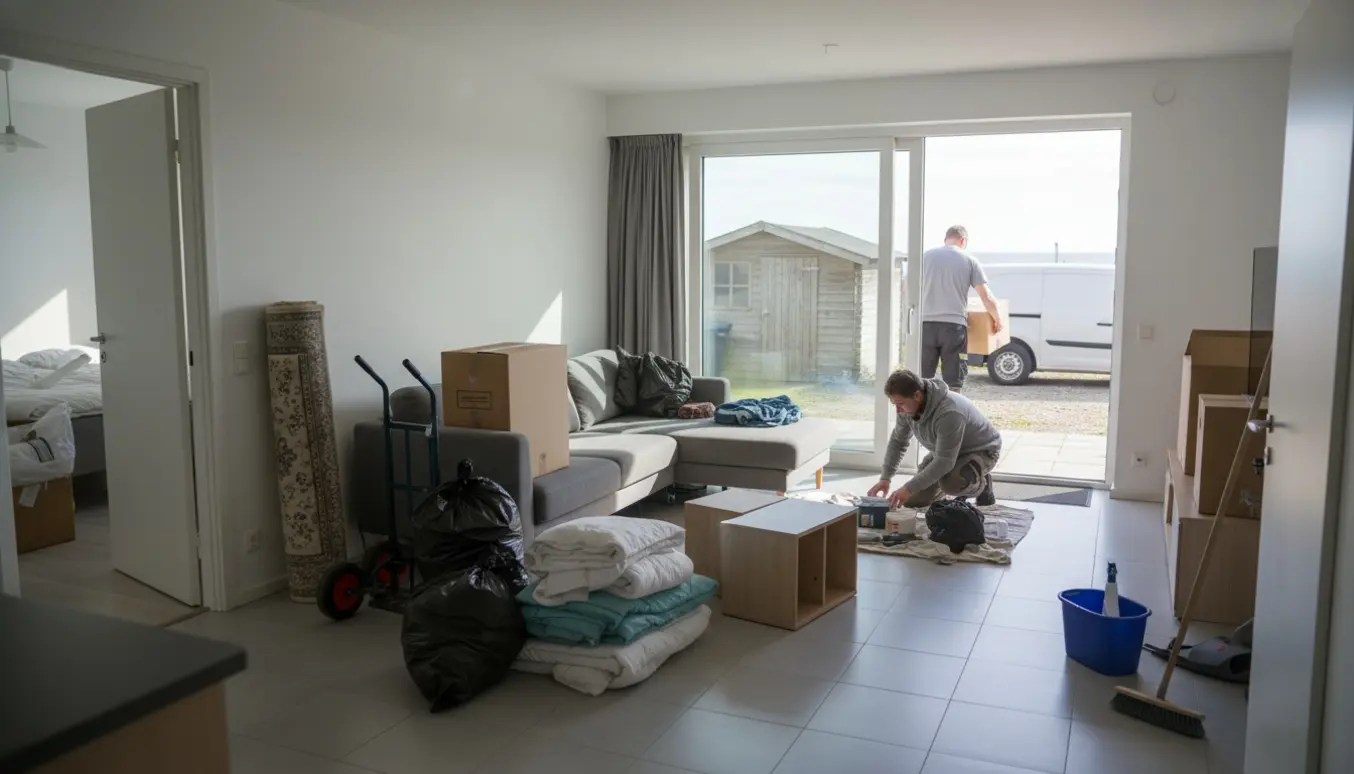 Ryddeteam fjerner efterladte ejendele fra en lys, åben lejlighed med terrasse og skur.