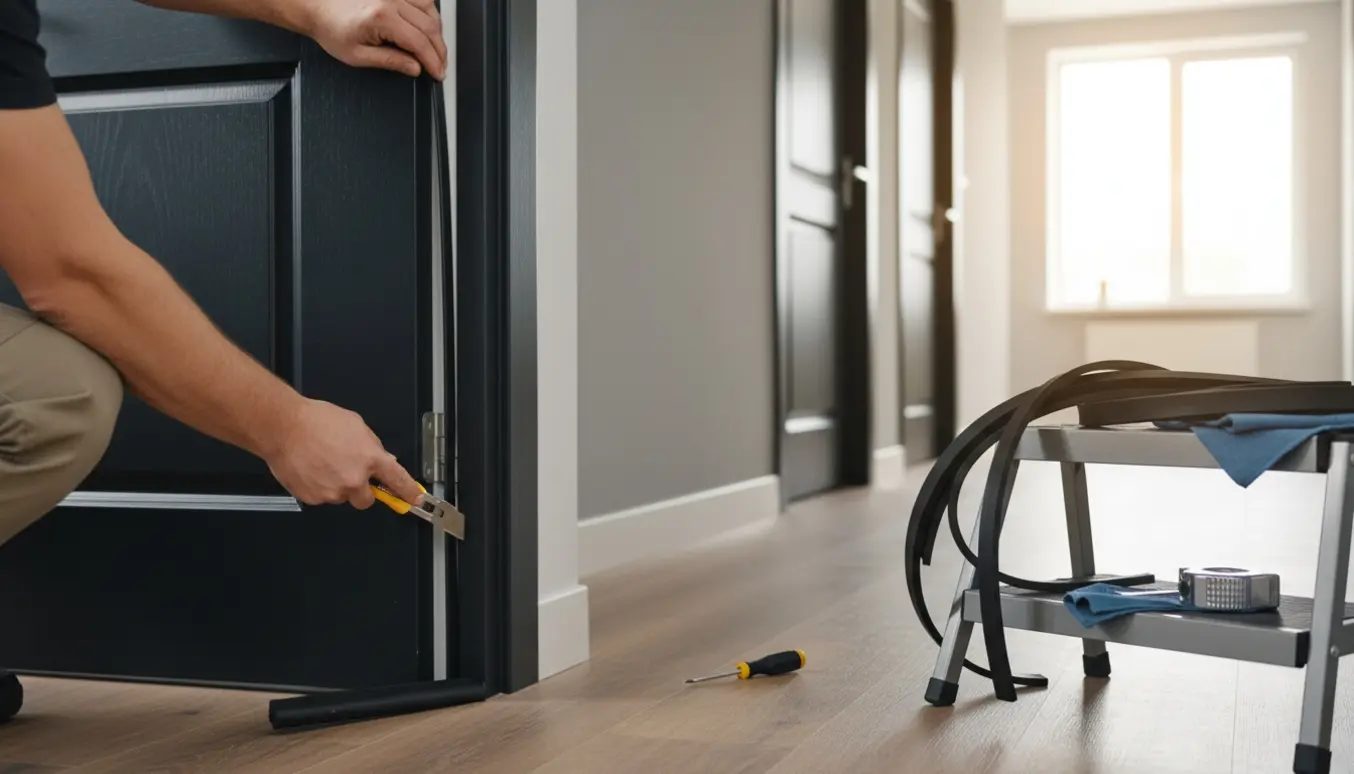 Håndværker monterer gummiliste på en kontordør med værktøj og flere døre i baggrunden.