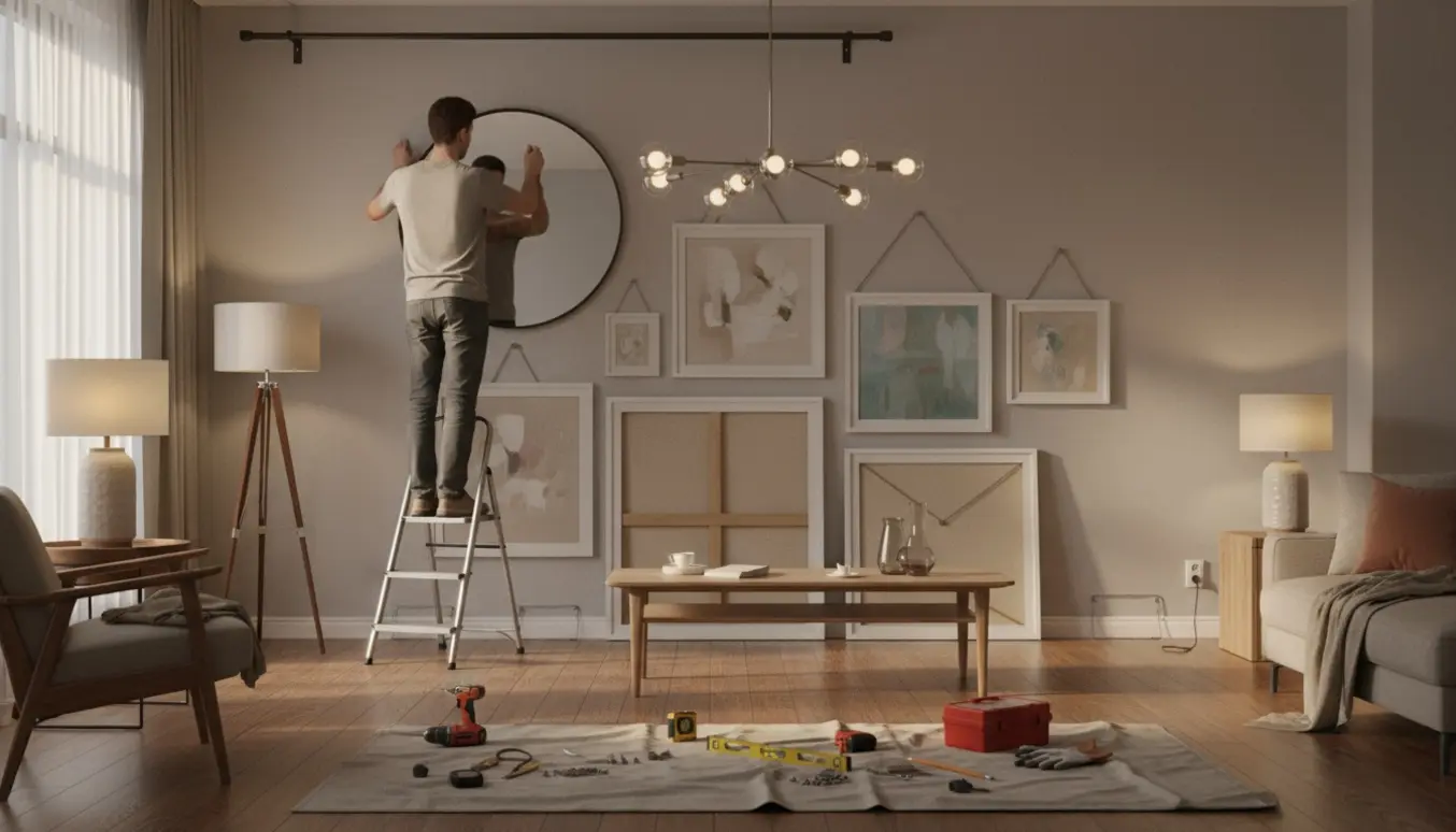 Håndværker hænger spejl og malerier op i en lys stue med værktøj og gardin ved vinduet.