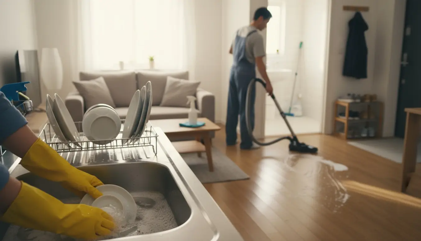 Åben lejlighed hvor opvask vaskes i hånden, gulv støvsuges og overflader tørres.