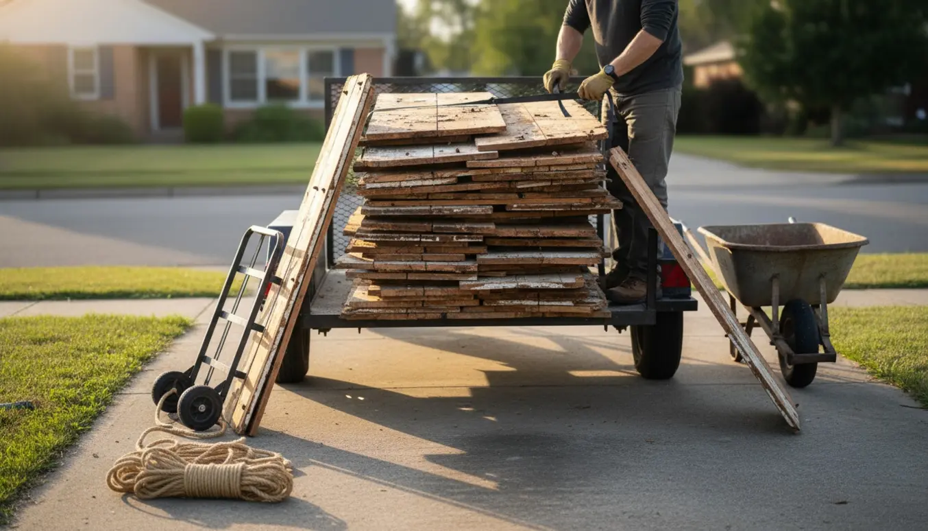 Store gamle trægulvbrædder læsses på en trailer foran huset.