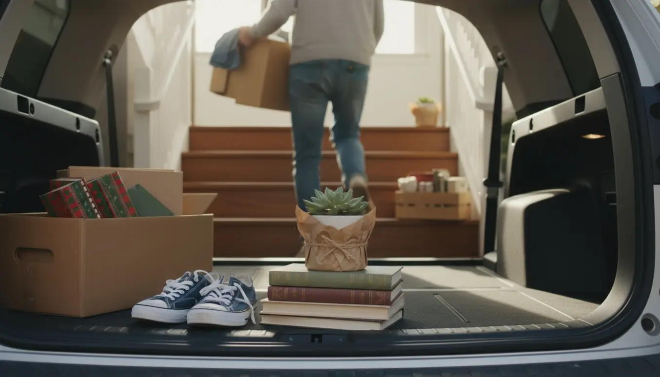 Åben bagagerum med sko, bøger og sammenfoldede papkasser, mens en person bærer papkasser ned ad trappen.