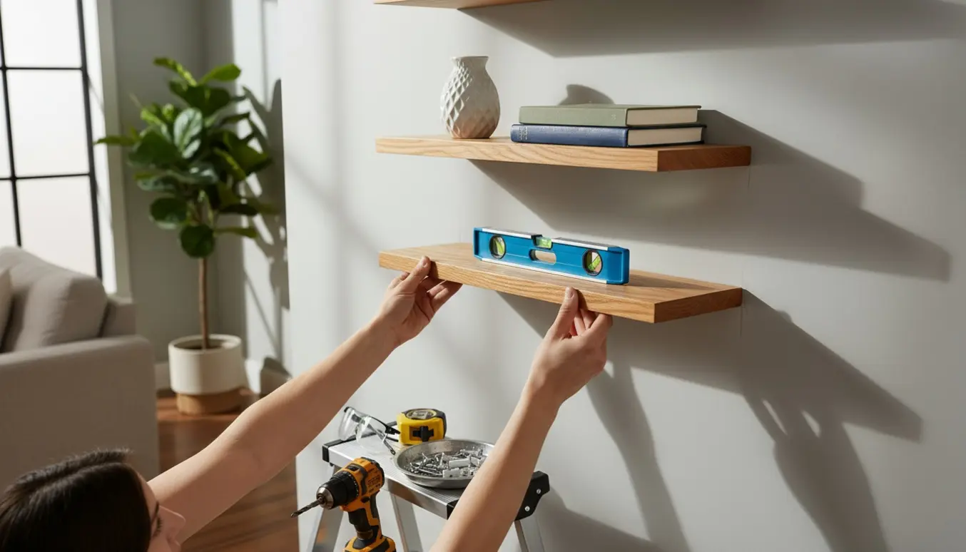 Hænder monterer tre flydende træhylder på en lys væg med værktøj i nærheden.
