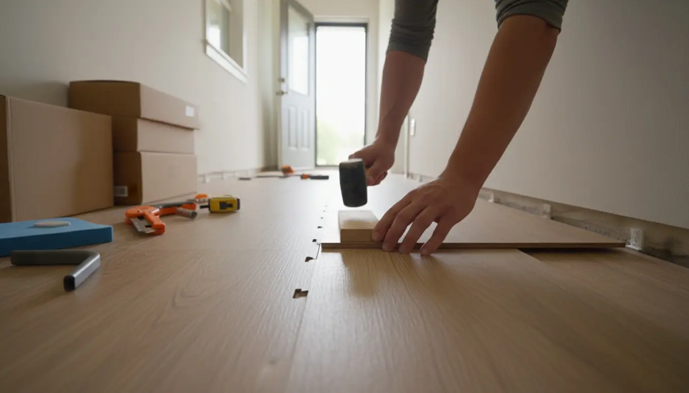 Nærbillede af klik-marmoleum lagt i en smal entre med værktøj og afstandskiler langs væggen.