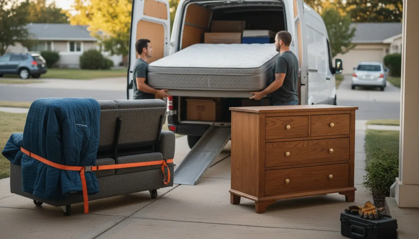 To flyttemænd løfter en kontinentalseng, en sovesofa og en dobbeltkommode ind i en hvid varevogn i eftermiddagslys.