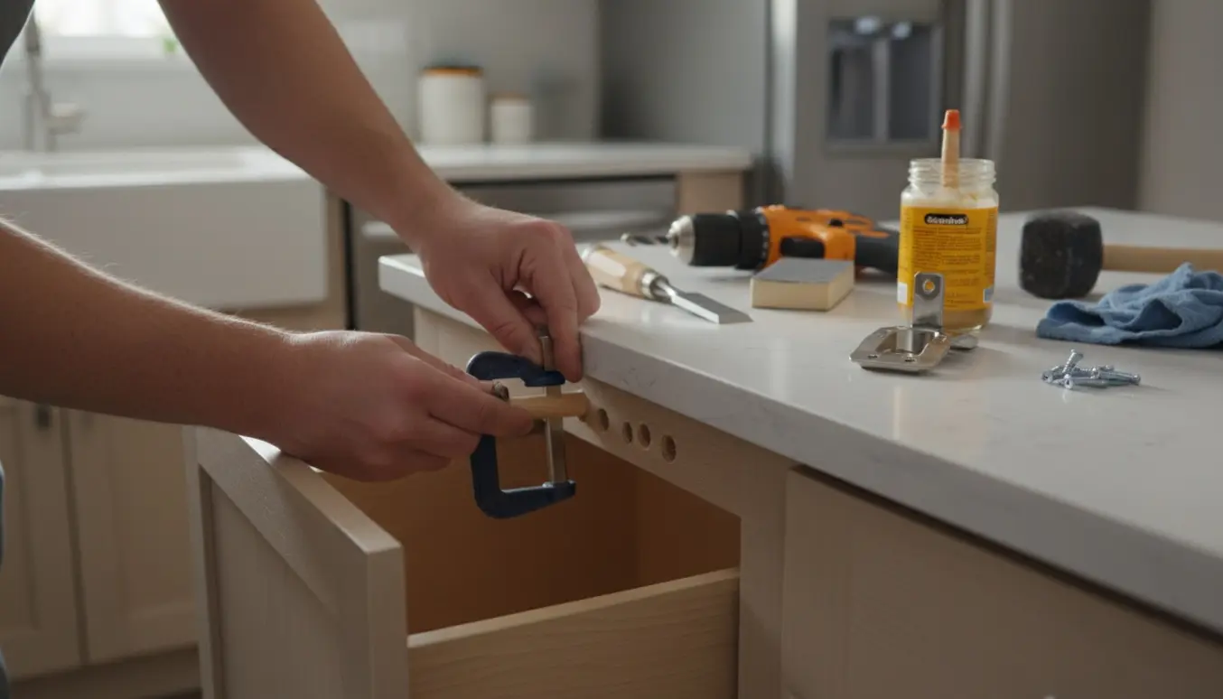 Nærbillede af reparation af ødelagte hængselhuller i et køkkenskab med værktøj og ny trædyvel.