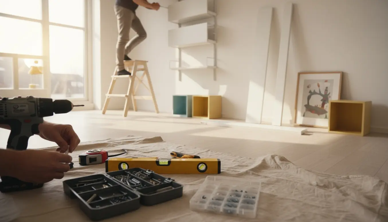 Hænder tager Montana-reoler ned og forbereder montering af børnehylder og et billede i et lyst nordisk rum.