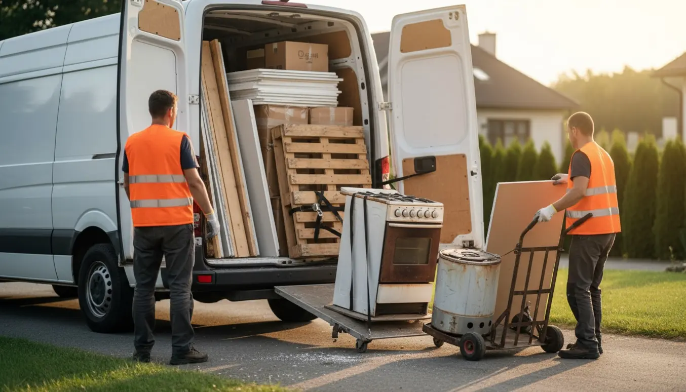 En varebil bliver lastet med byggeaffald og storskrald som gipsplader, paller og et komfur.
