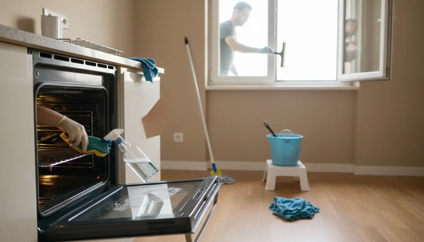 Indad åbent vindue pudses udvendigt, mens ovnen rengøres i en lys lejlighed.