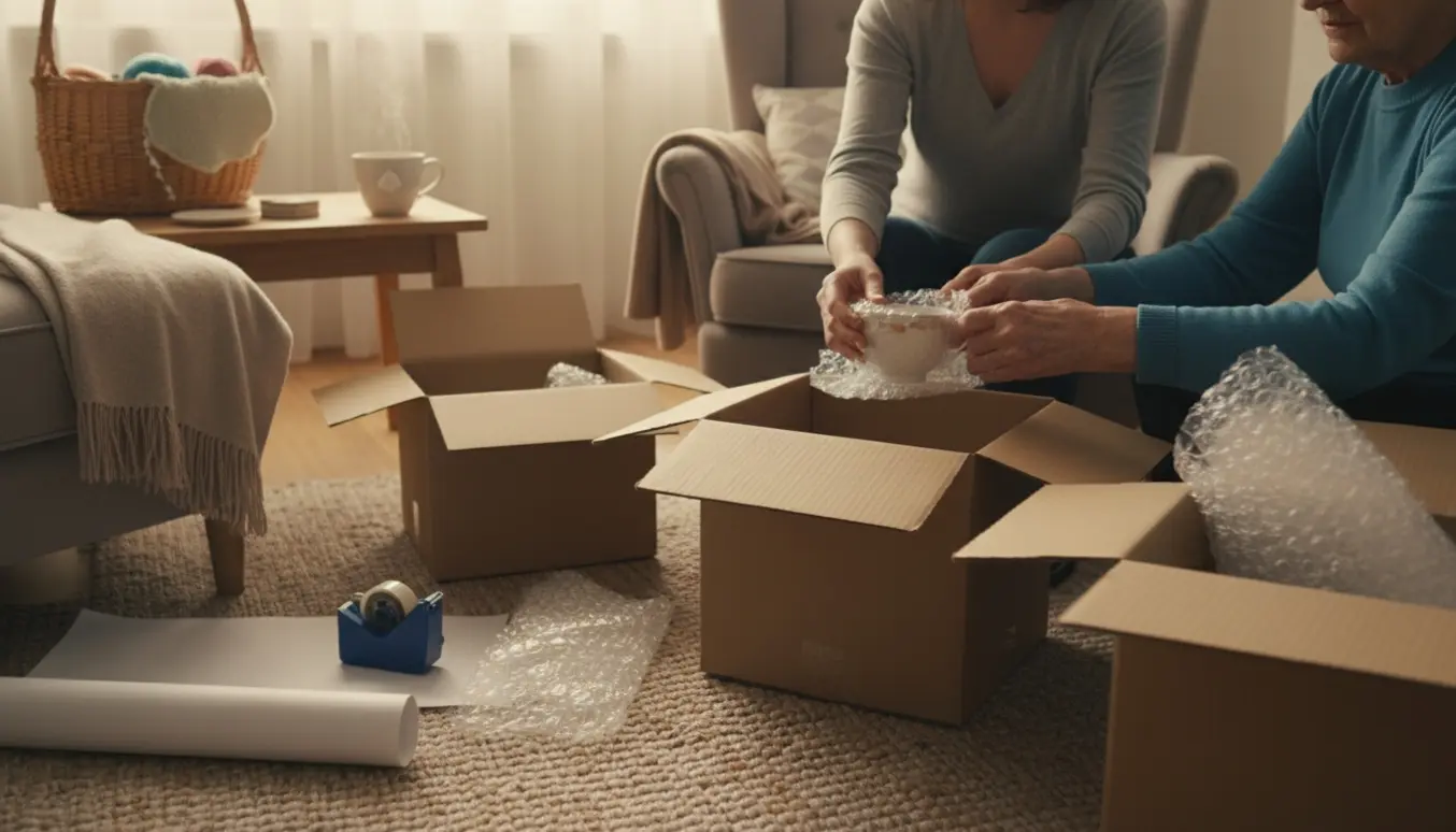 Ældre kvinde får hjælp til at pakke sine ejendele i kasser i sit hyggelige hjem.