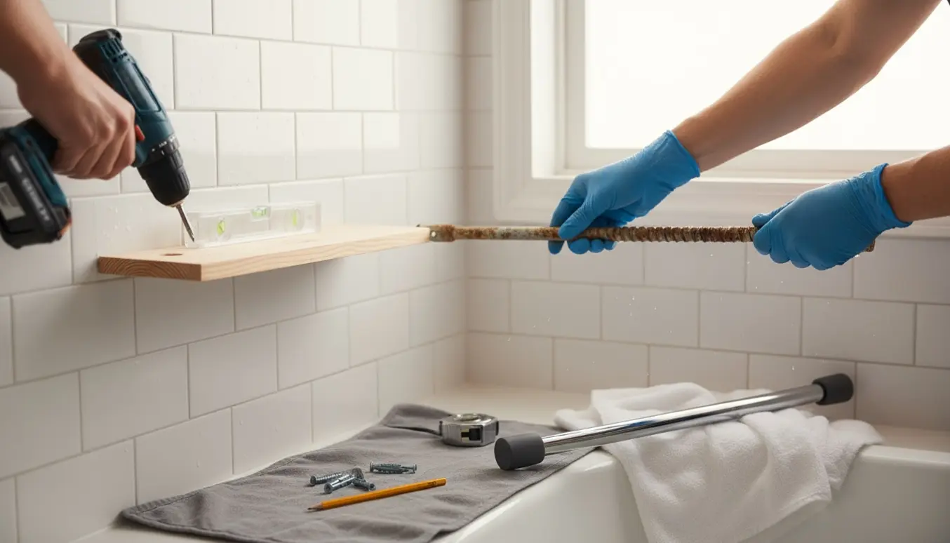 Hænder monterer en væghylde og skifter en defekt brusestang i et lyst, moderne badeværelse.