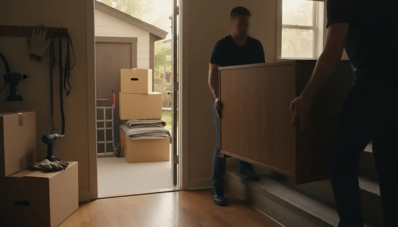 To personer bærer et træskab op ad en trappe mens flyttekasser og værktøj står i et åbent skur.