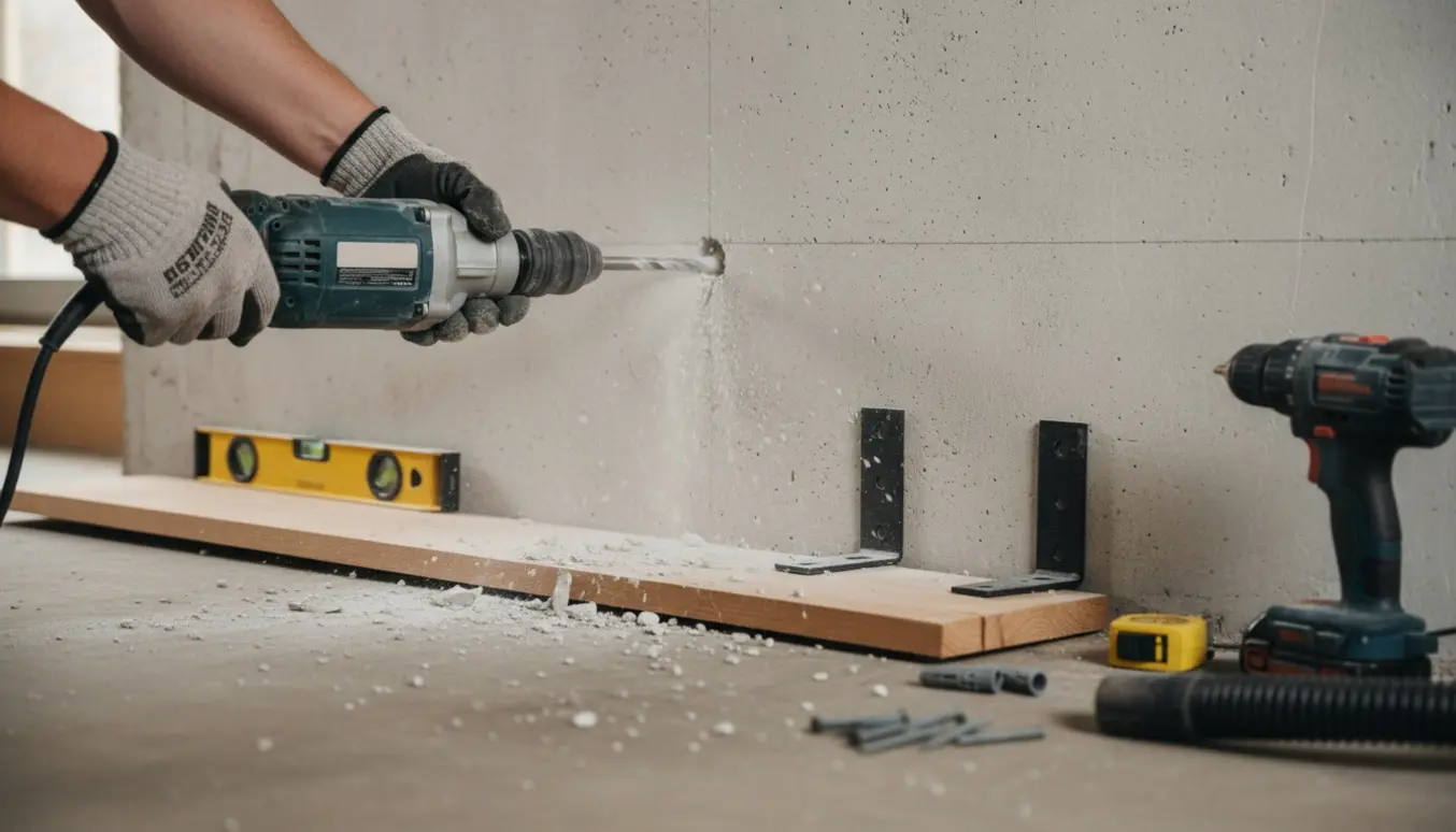 Hænder bruger en slagboremaskine til at bore i en betonvæg for at montere en hylde.