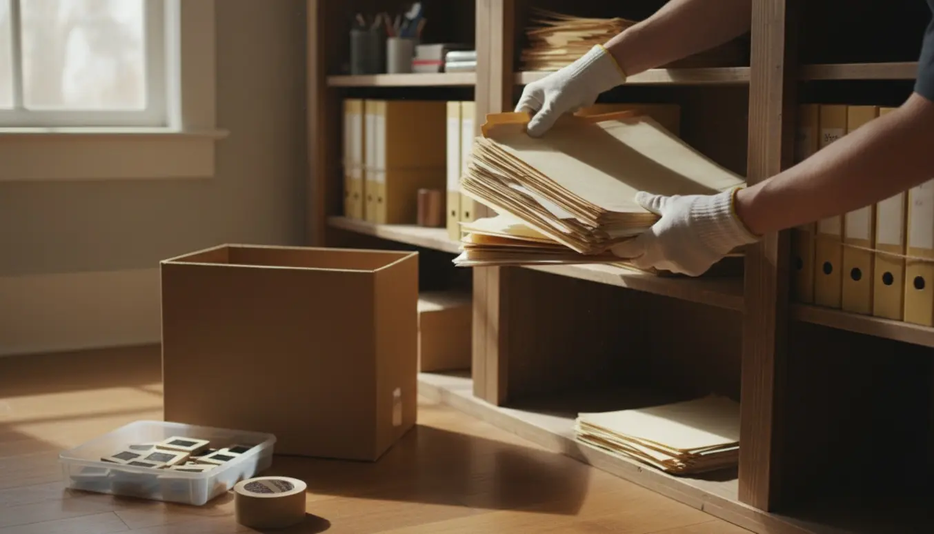 Hænder fjerner mapper og papirer fra en reol i forbindelse med oprydning af et hus.