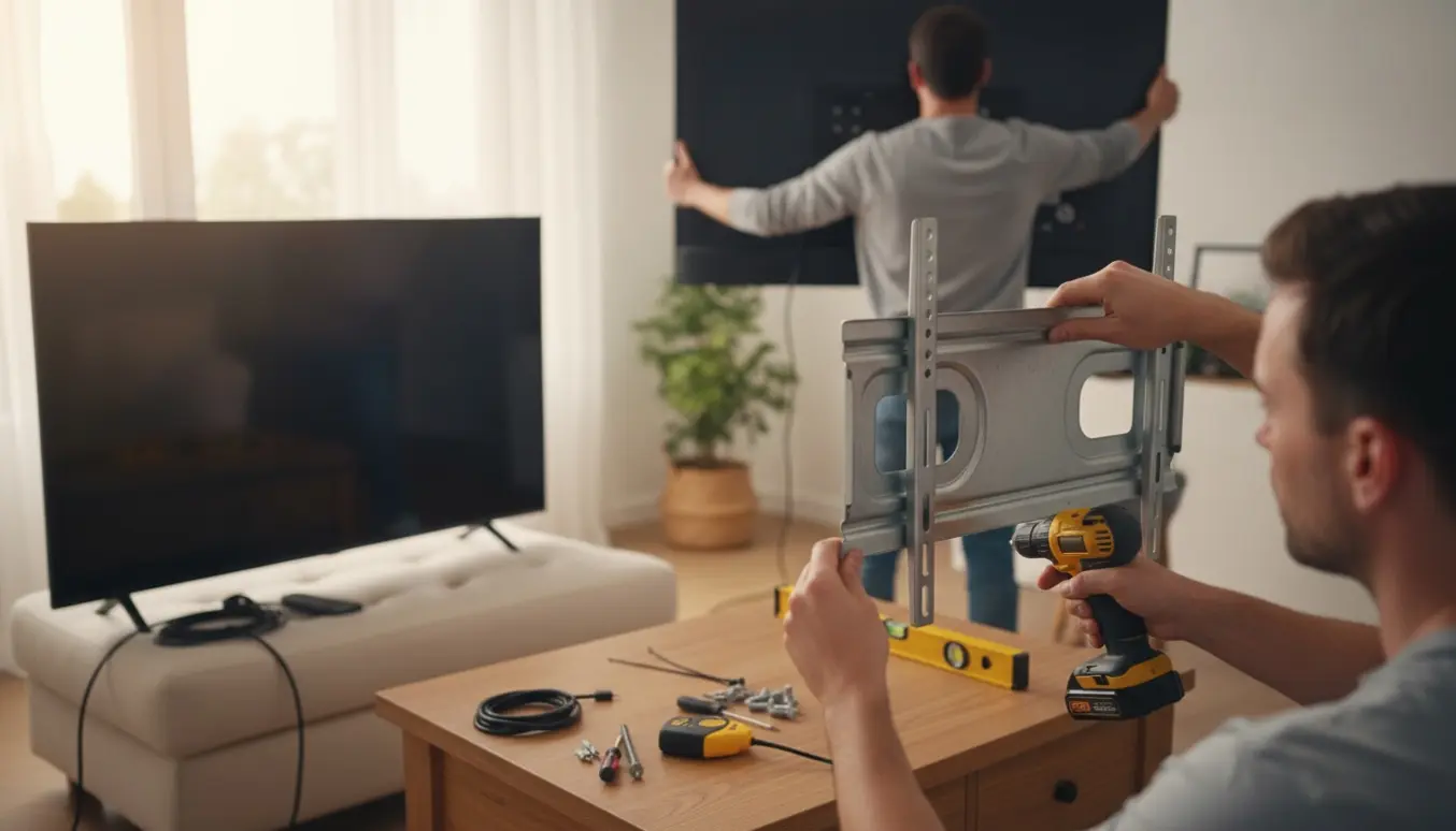 Et par hænder monterer et nyt fladskærms-tv på væggen, mens det gamle tv står ved siden af.