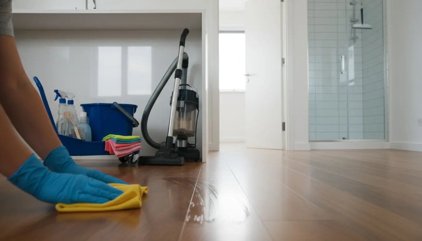 Tom, velholdt lejlighed under flytterengøring med rengøringsudstyr og skinnende køkken og badeværelse.