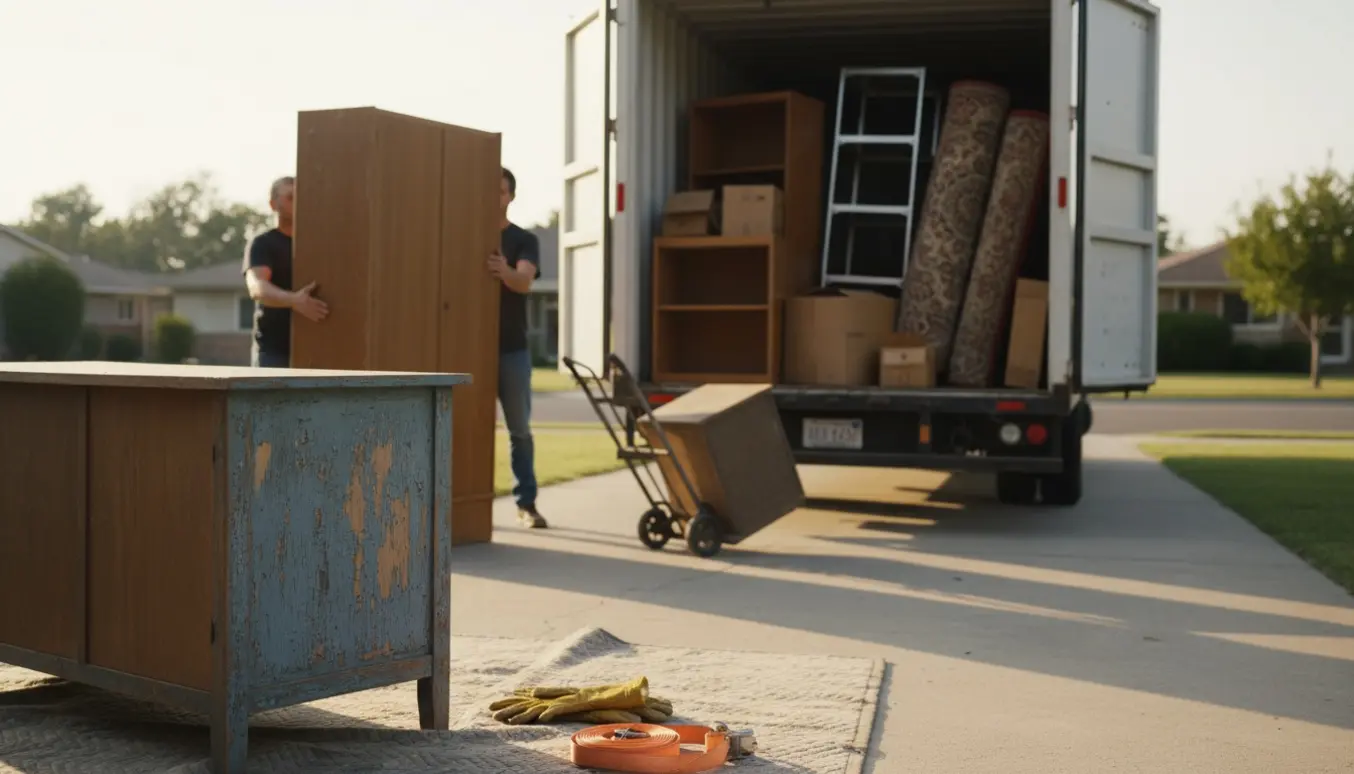 Gamle skabe og møbler bliver læsset i en metalcontainer på en indkørsel.