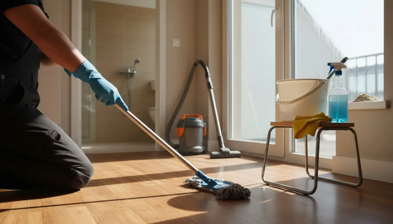 Hænder mopper gulvet i en lys plejehjemslejlighed ved terrassedør og ovenlysvindue.