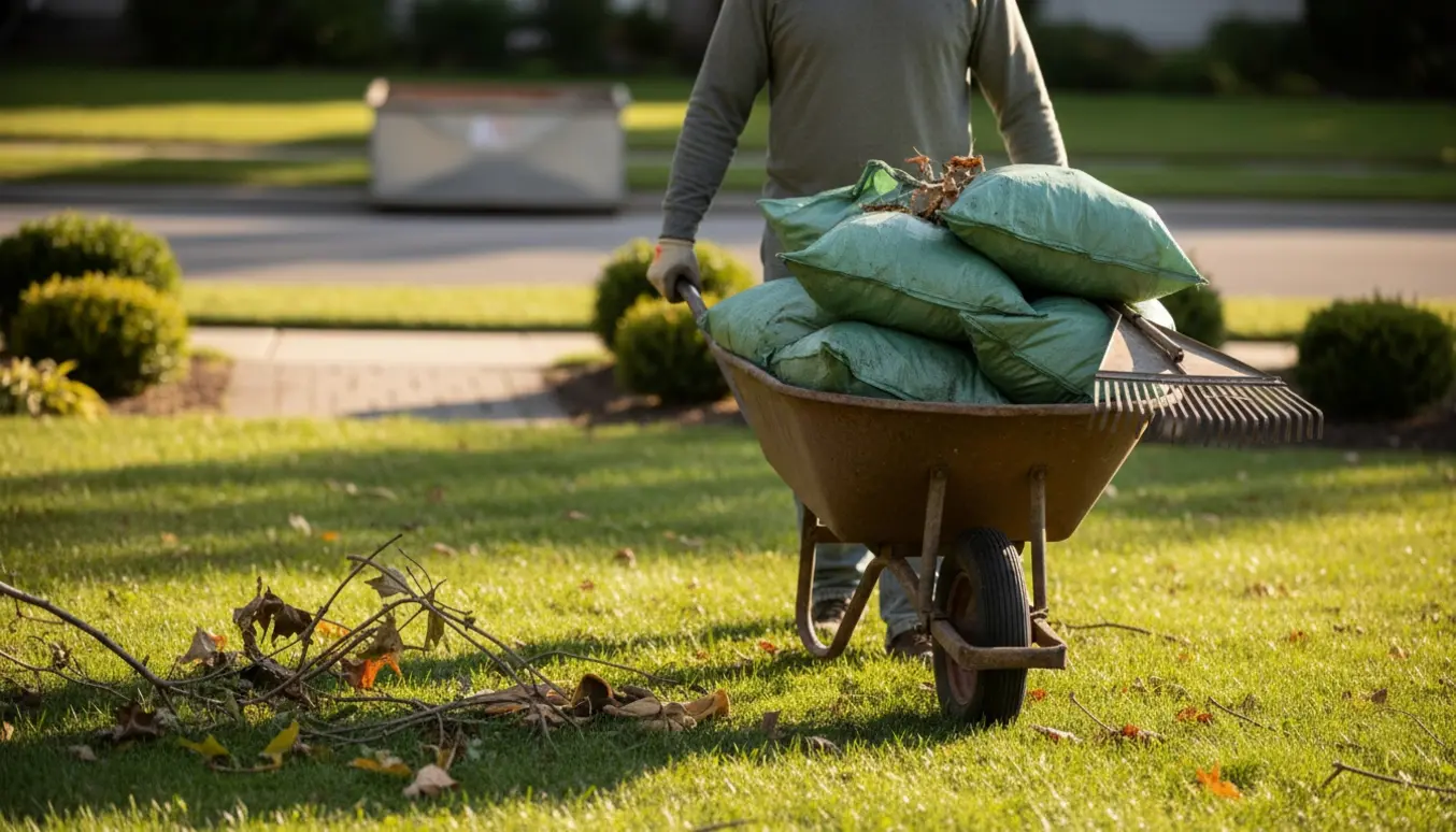 En person skubber en trillebør med fem til syv fyldte haveaffaldssække mod en container ved fortovet.
