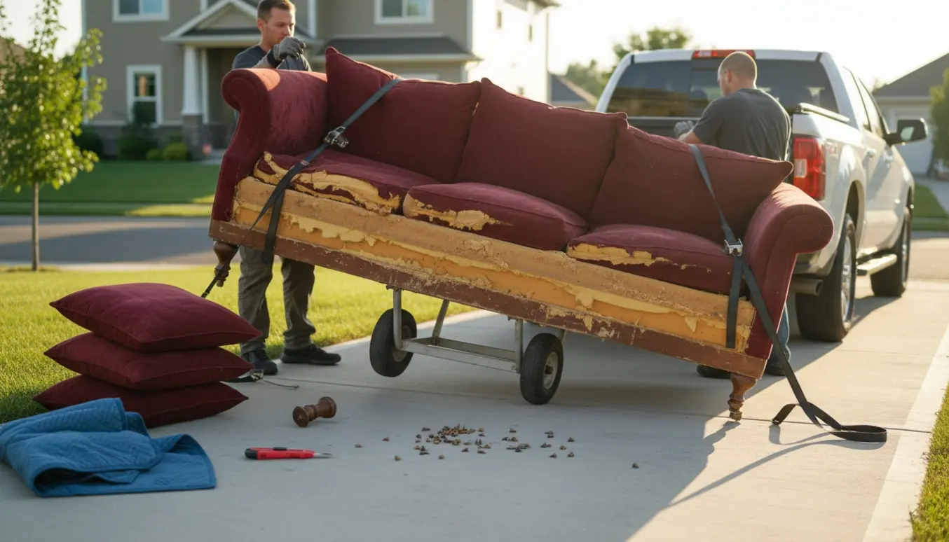 Stor slidt chaiselong-sofa bliver løftet på en lastbil klar til skrot.