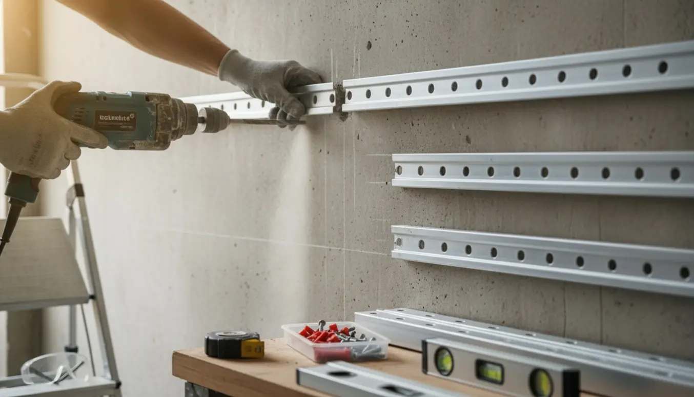 Ophængning af metalvægskinne på betonvæg med borestøv og værktøj.