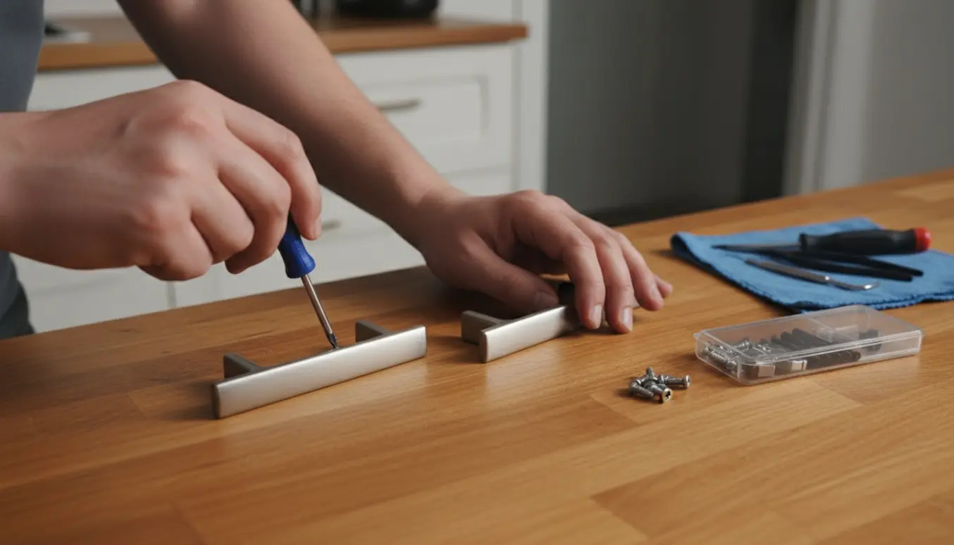 Nærbillede af hænder, der strammer to skabsgreb med en skruetrækker på et træskab i blødt dagslys.